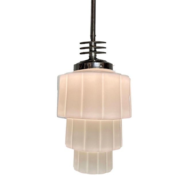 1930s Art Deco Chrome Streamline Pendant Light W/ Stepped Milk Glass Skyscraper Shade For Sale - Image 4 of 6