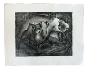 Circa 1930 "Thaia and Her Quints" Cat Lithograph by Ivan Messenger