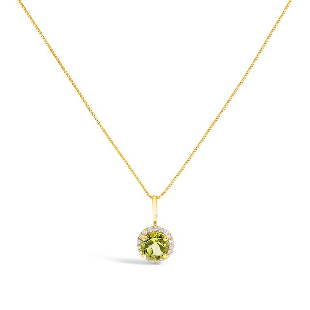 10K Yellow Gold Green Peridot and 3/8 Cttw Diamond Halo Jewelry Set (Earrings, Pendant & Ring) For Sale - Image 4 of 6