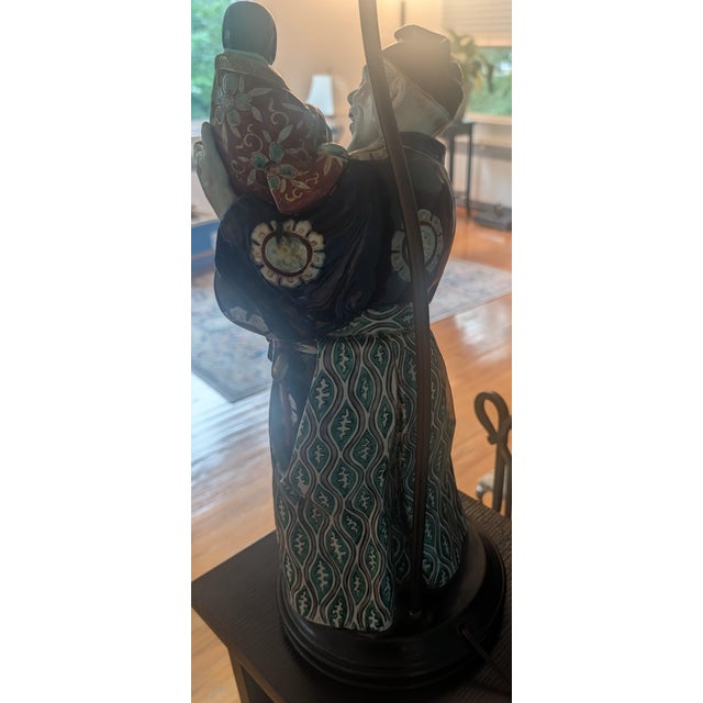 Japanese 1940s Lamp With Japanese Ceramic Figurine Mounted on a Turned Wooden Base For Sale - Image 3 of 6