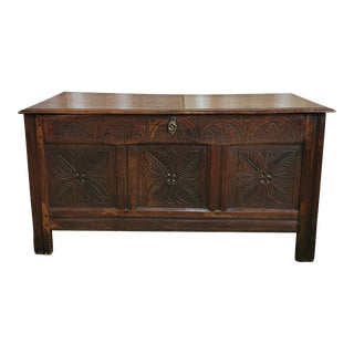 Hand Carved 18th Century 3 Panel Oak Coffer Trunk For Sale