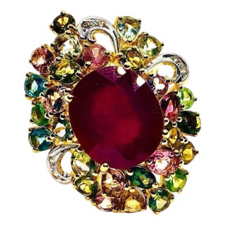 Bochic “Capri” Vintage Ruby, Multi Sapphire & Diamond Ring Set In 18K Gold & Silver For Sale