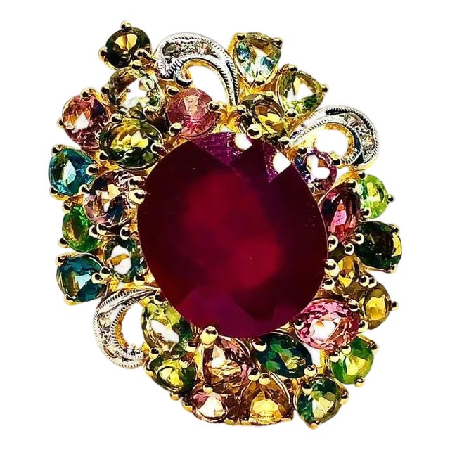 Bochic “Capri” Vintage Ruby, Multi Sapphire & Diamond Ring Set In 18K Gold & Silver For Sale