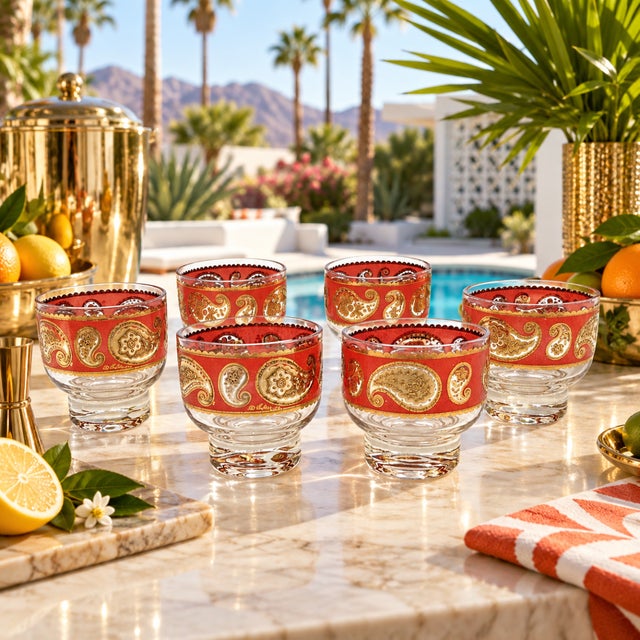 Superb Culver Red Paisley 22K Gold Glassware Set of 6 Mid Century 1960s Measurements: 3"T x 2.5"R (7.62cm x 6.35cm)...