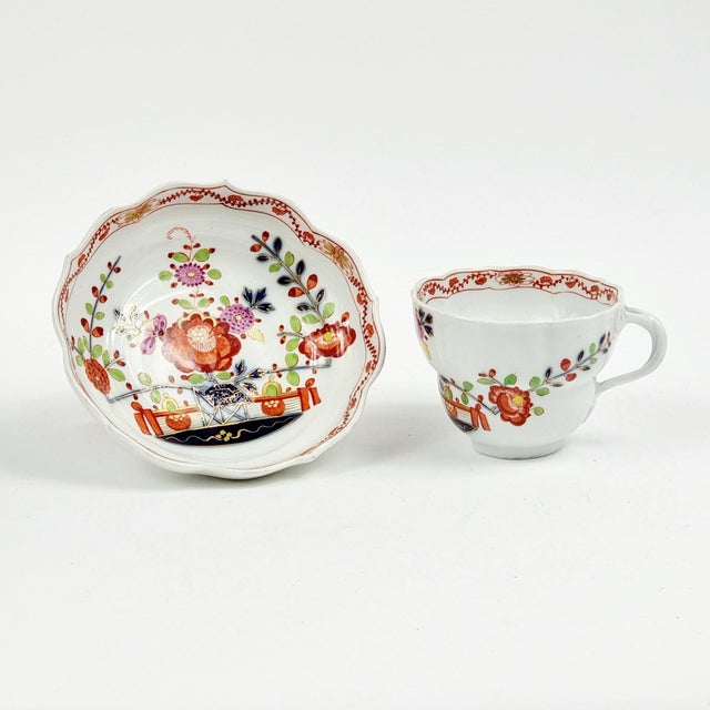 Set of tea/coffee cups & saucers in the famous Imari/Tischchenmuster pattern by Meissen (Germany, 19th century). Brightly...
