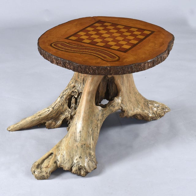 Hand Made Chess and Cribbage Live Edge Game Table on Tree Stump With Pieces For Sale - Image 10 of 17