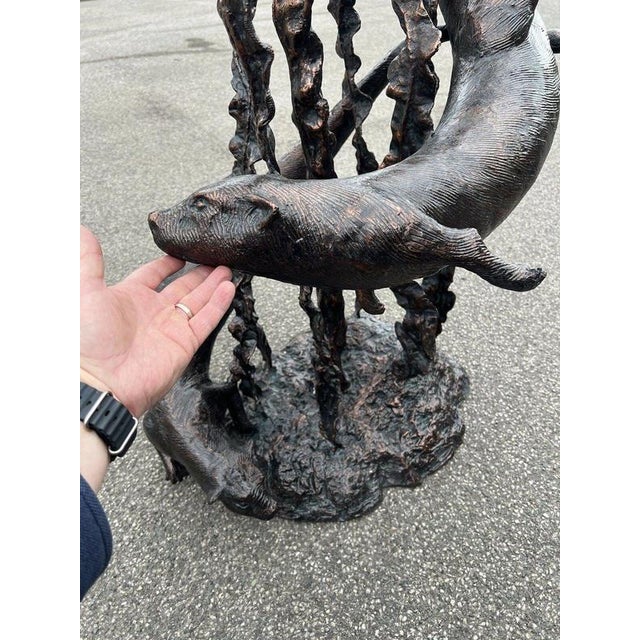 Bronzed Metal Swimming Otters in Kelp Garden Fountain Sculpture For Sale - Image 14 of 16