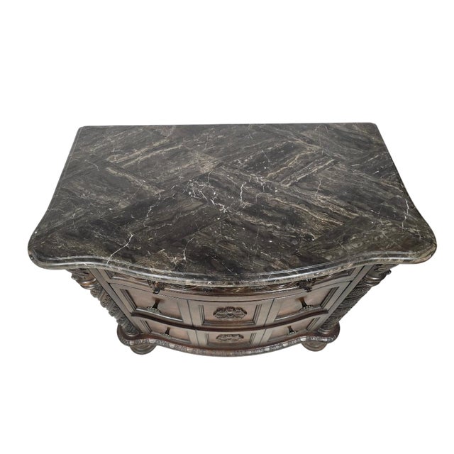 Brown Heavy Carved Wood Nightstand / Commode With Stone Top For Sale - Image 8 of 8