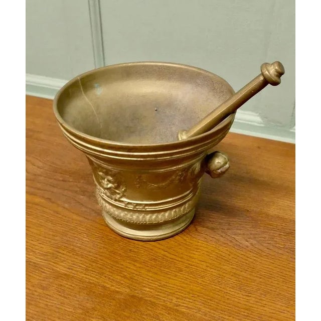 Large Heavy Brass Gothic Pestle and Mortar, 1900 For Sale - Image 4 of 8