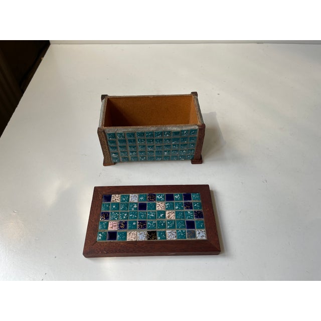 1970s Vintage Scandinavian Teak Box with Blue and Green Ceramic Tiles, 1970s For Sale - Image 5 of 7