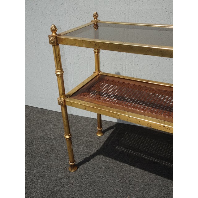 Vintage Hollywood Regency Gold Console Table Sofa Table W Cane Shelf For Sale - Image 15 of 16