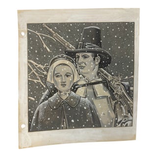 1940s Original Graphite Illustration of Couple in Snowstorm, 9 X 8 In. For Sale