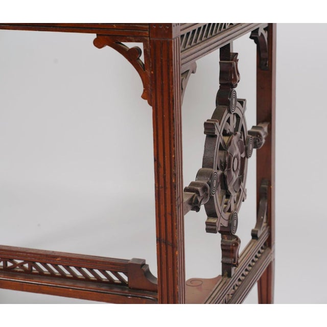 1880s English Aesthetic Movement Mahogany Writing Desk With Pierced Geometric Carving For Sale In Los Angeles - Image 6 of 9