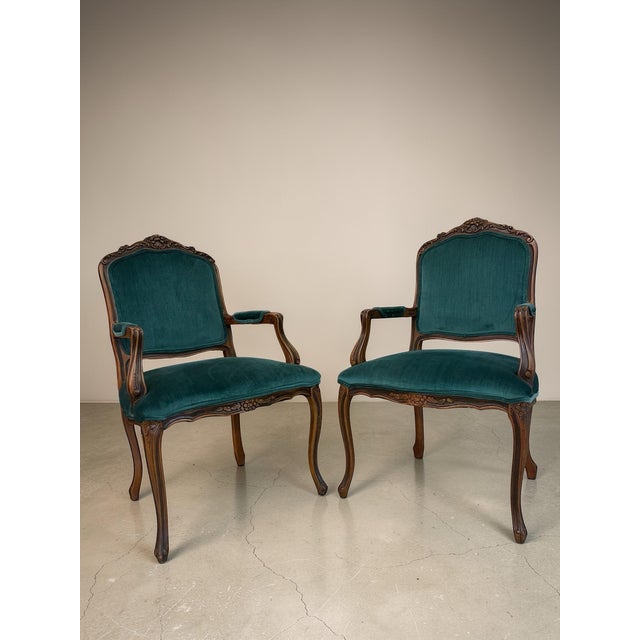 Louis XV Style Carved Walnut Armchairs in Emerald Velvet, a Pair For Sale - Image 4 of 12