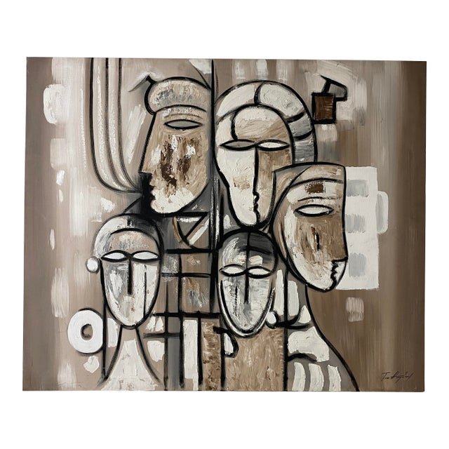 Large Tom Hayward Abstract Figural Painting, Cubist Style Faces, Neutral Tones For Sale