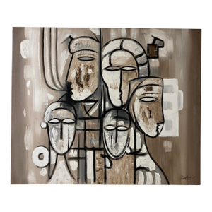 Large Tom Hayward Abstract Figural Painting, Cubist Style Faces, Neutral Tones