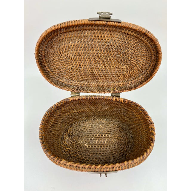 Brown Vintage Chinese Wicker and Brass Tea or Lunch Basket For Sale - Image 8 of 10