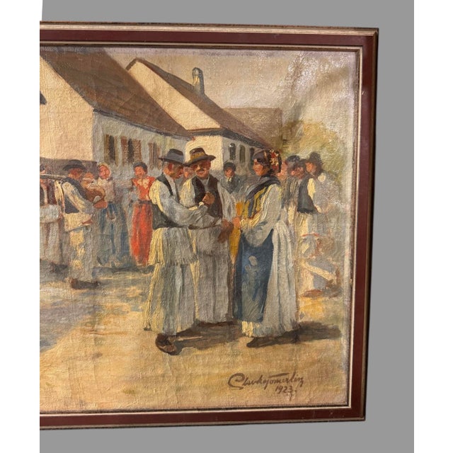 Spanish Vintage Artist Signed 1923 Landscape Street Scene People Oil Painting on Canvas, Framed For Sale - Image 3 of 7