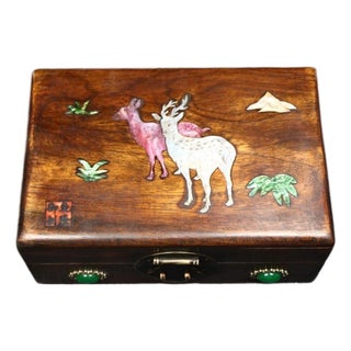 Vintage Chinese Rosewood Jewelry Box With Mother-of-Pearl Deer Inlay & Jade Clasp For Sale