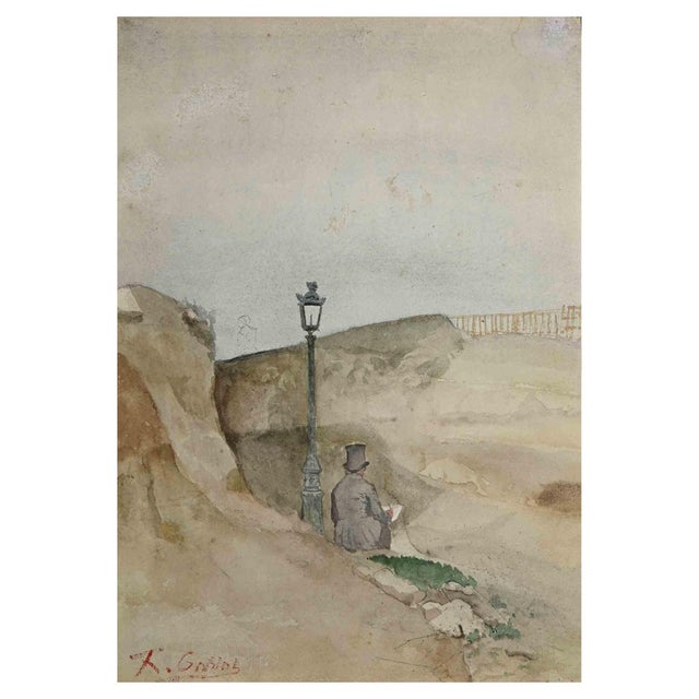 Unknown, The Writer on the Rocks, Original Watercolor, Early 20th Century For Sale - Image 3 of 3