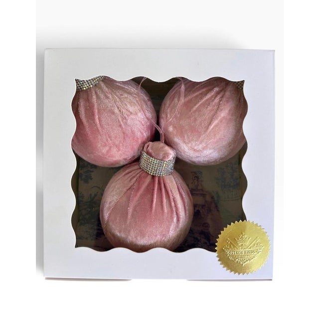 French Soft Pink Velvet Bauble Ornaments With Silver Accents - Gift Boxed Set of 3 For Sale - Image 3 of 3