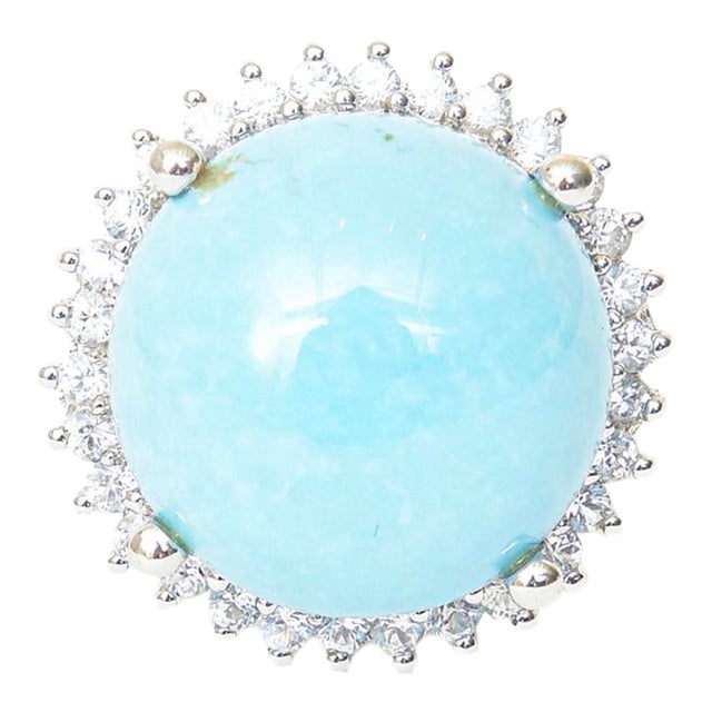 Vintage 1960's Persian Turquoise With Surround Diamonds 18k White Gold Dome Cocktail Ring, Size 7 For Sale