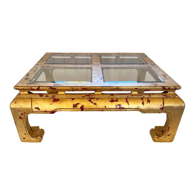 Vintage Tony Duquette Style Newly Painted Red Distressed Gilded Wood Chow Leg Ming Style Coffee Table For Sale