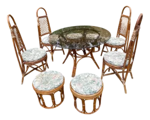 Vintage Rattan Wicker Dining Room Set with Glass Table, 1970s, Set of 9
