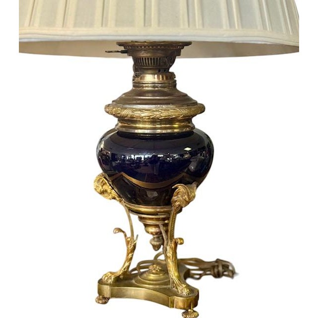 Mid 19th Century Antique Mid 19th Century Ink Blue Oil Lamps, Electrified - A Pair For Sale - Image 5 of 15