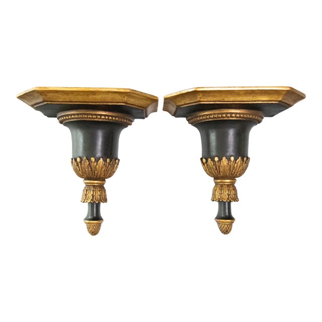 Mid-Century Neoclassical Italian Black & Gold Gilt Brackets Shelves - A Pair For Sale