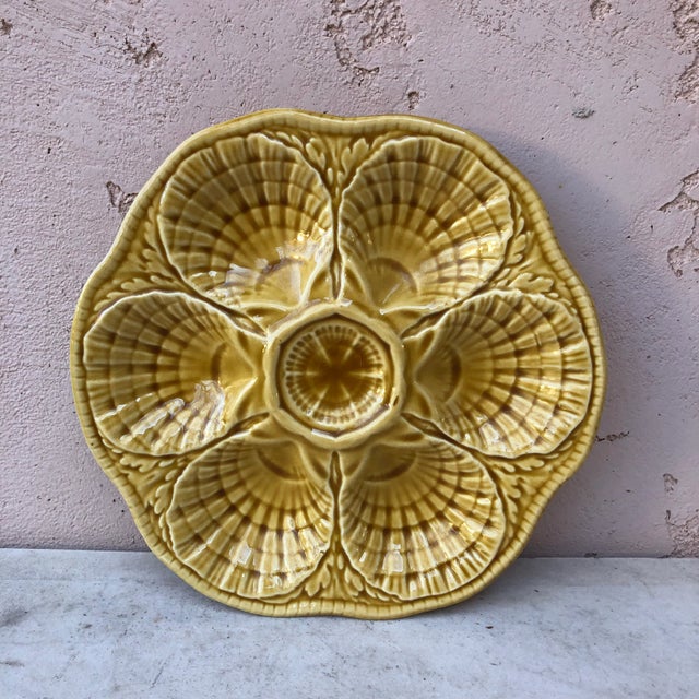 Goldenrod 1930 Sarreguemines Yellow Majolica Oyster Plate For Sale - Image 8 of 8