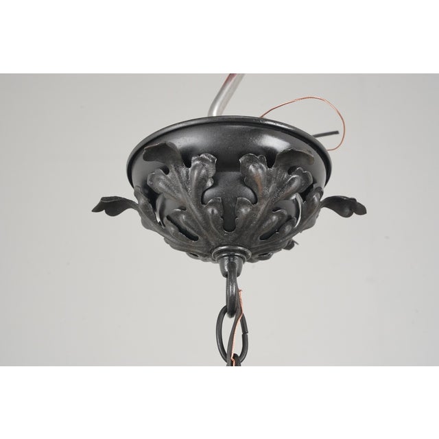 Mid 20th Century Restored Spanish Revival Wrought Iron Opalescent Glass Pendant Light For Sale - Image 10 of 12