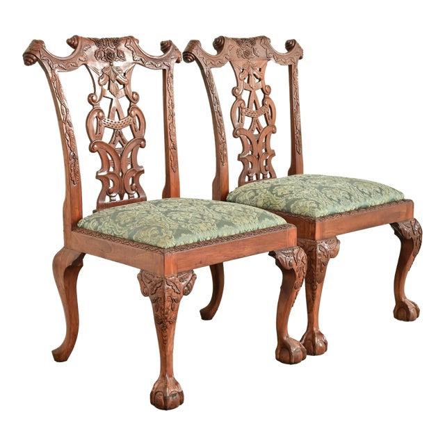 Baker Furniture Style Chippendale Carved Mahogany Side Chairs or Dining Chairs, Pair For Sale