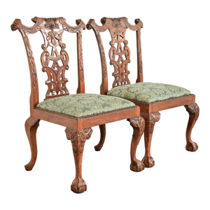 Baker Furniture Style Chippendale Carved Mahogany Side Chairs or Dining Chairs, Pair