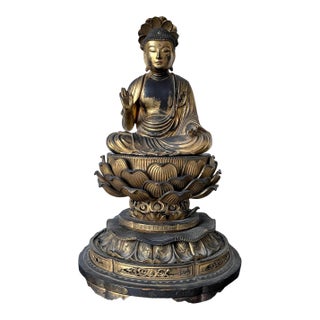 Japanese Antique Gilt Wood Amitabha Buddha on Loctus Throne Statue For Sale