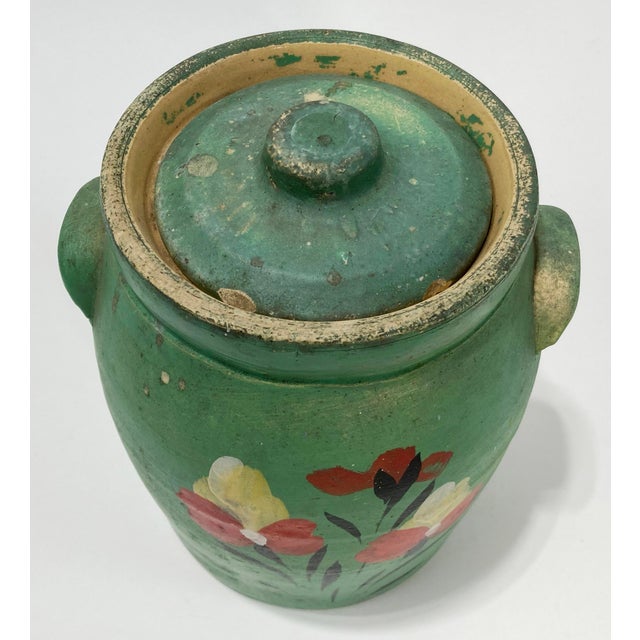 Late 19th Century Antique Hand-Painted Green Floral Motif Lidded Crock For Sale - Image 5 of 8