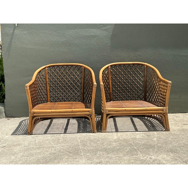 Brown Vintage Trellis Rattan Lounge Chairs - A Pair For Sale - Image 8 of 12