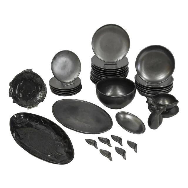Mat Black Earthenware Table Service of Ceramony Vallauris, 1960,, Set of 38 For Sale
