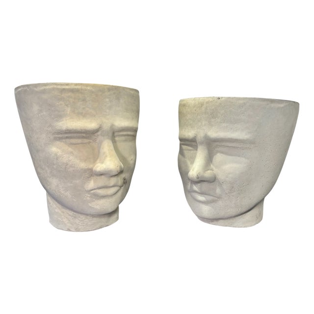 Artisinal Concrete Face Pots, Set of 2 For Sale