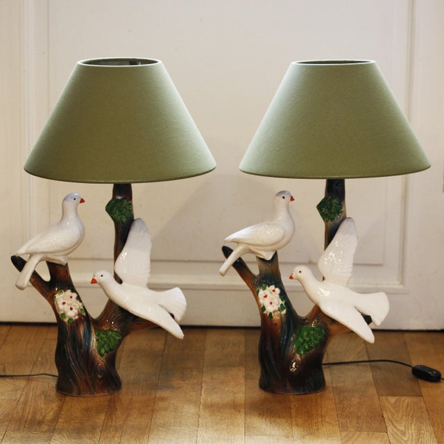 Ceramic bottle lamp representing doves, handcrafted, new electricity, E27 screw socket, new lampshade. The lampshade may...