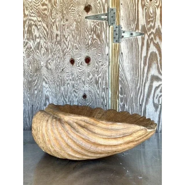 Wood Vintage Coastal Monumental Hand Carved Gigas Clam Shell For Sale - Image 7 of 12