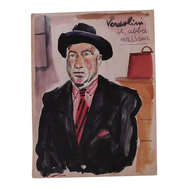 Nicola Simbari - Verdolini the Famous Masseur - Original Watercolor - 1960s For Sale