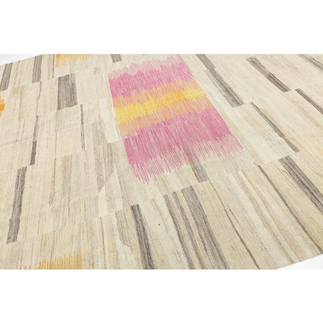 Contemporary Minimalist Wool Kilim Rug With Abstract Ikatesque Accents in Rose For Sale - Image 4 of 12
