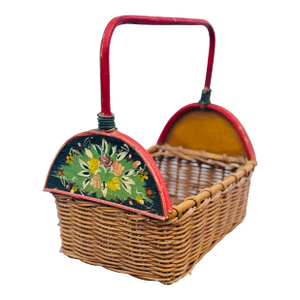 Vintage Handwoven Wicker Basket With Hand-Painted Folk Art Panels – Rustic Country Charm
