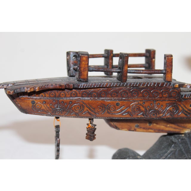 Wood Antique Early 1900s Chinese Dragon Boat Figurine With Pagoda Detail and Bone Inlay For Sale - Image 7 of 16