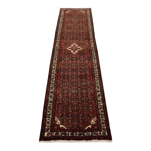 Hamedan Runner 2’7” X 9’4” Red Wool Vintage Tribal Hand-Knotted Rug For Sale