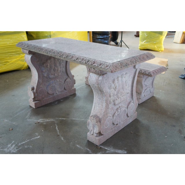 Vintage Italian Granite Carved Stone Outdoor Picnic Dining Table & Benches 50" For Sale - Image 9 of 12