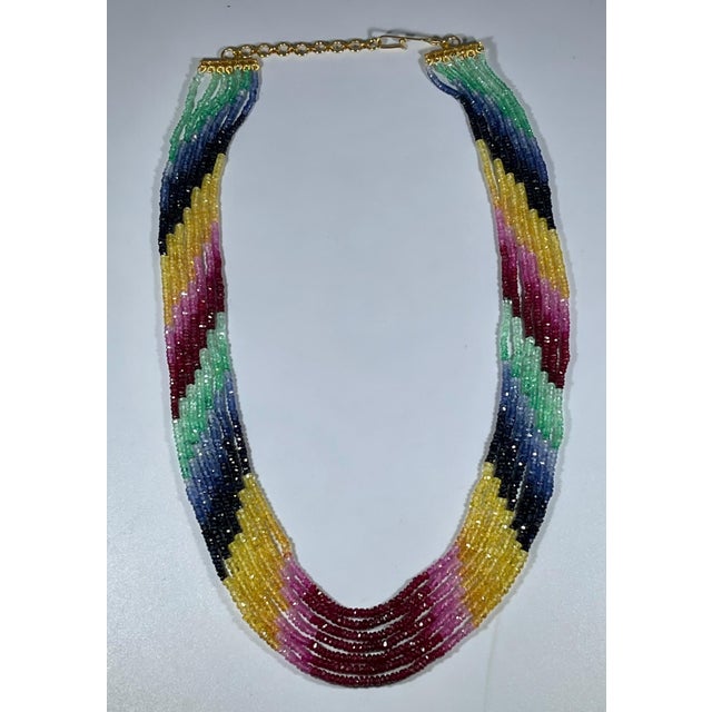 Emerald 200 Ct 7 Layer Natural Emerald Ruby & Sapphire Bead Necklace 14k Gold Adjustable For Sale - Image 8 of 18