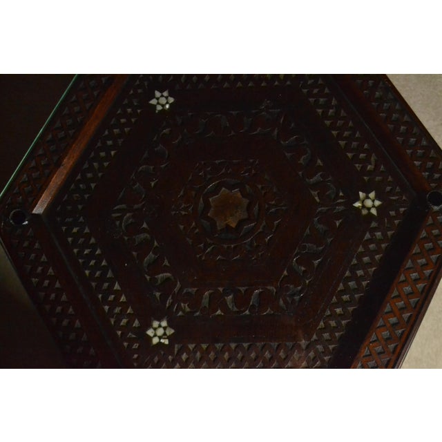 Vintage Authentic Hand Carved Moroccan Side Table Glass Mother of Pearl Inlay For Sale - Image 4 of 9