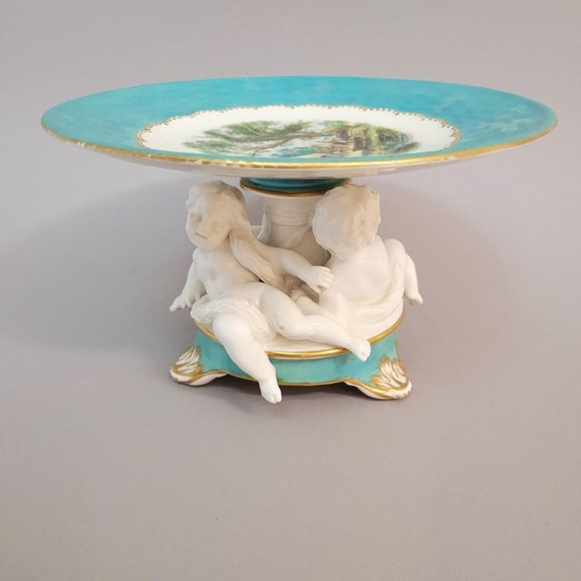 Ceramic Vintage Continental Porcelain Cherub Compote Tazza With Turquoise Ground For Sale - Image 7 of 8